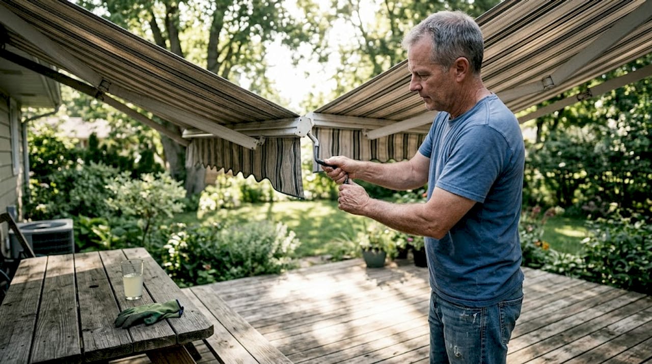 Man using crank to open manual awning