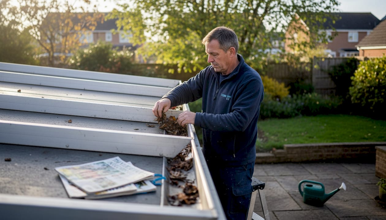 Worker cleaning pergola drainage channel