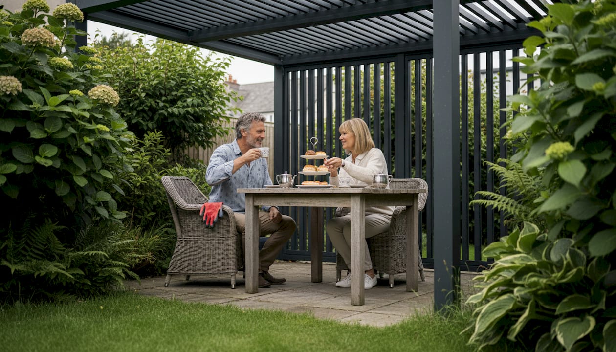 Couple relaxing under modern garden pergola