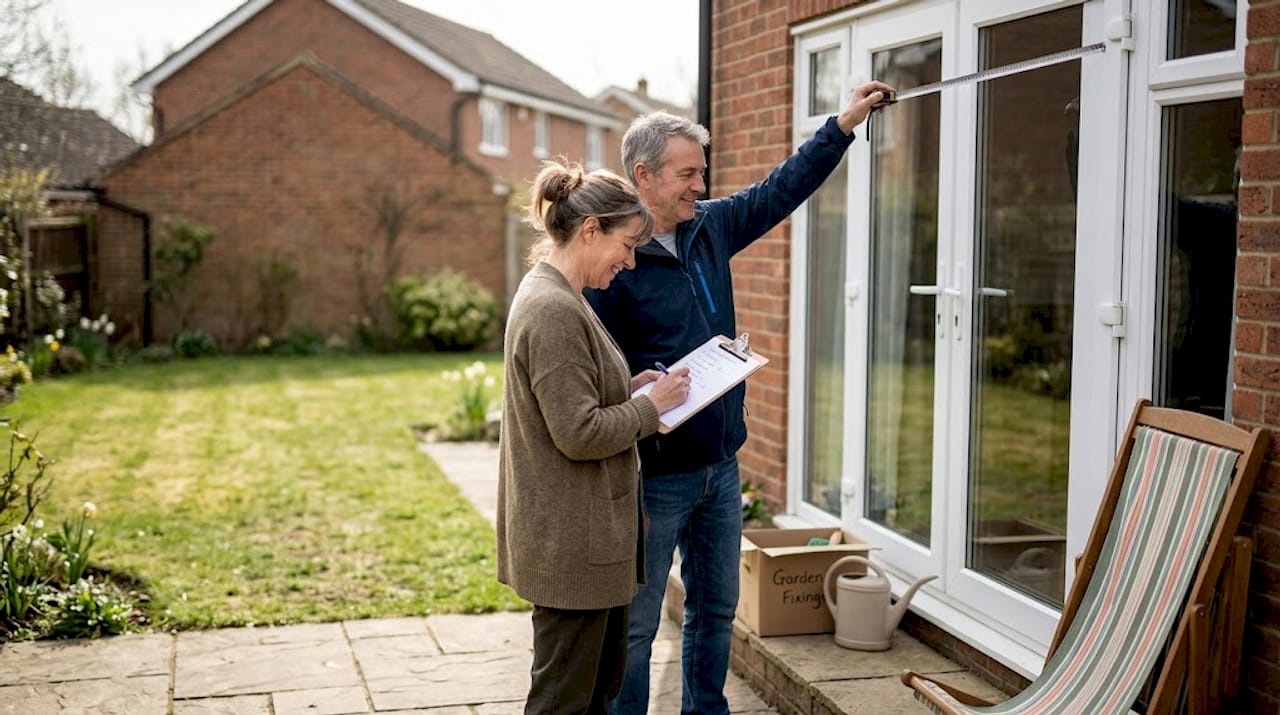 Couple measuring patio for outdoor shade install