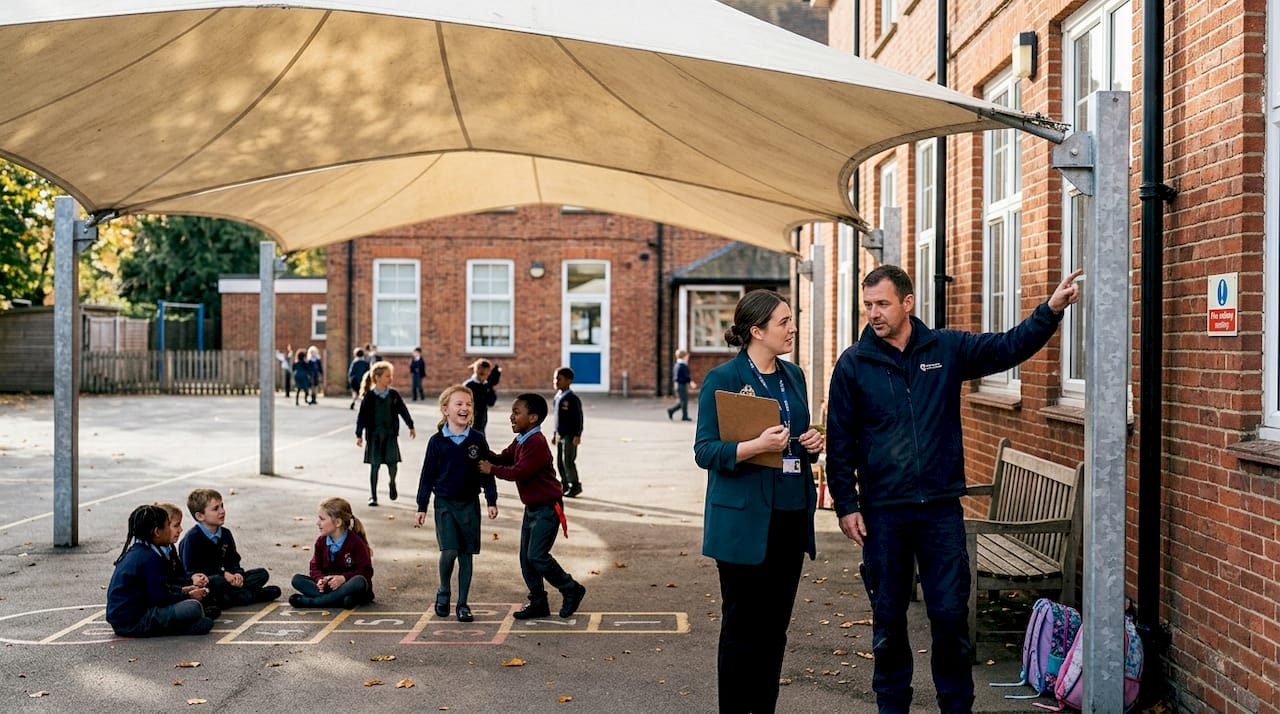 School children playing under shade canopy