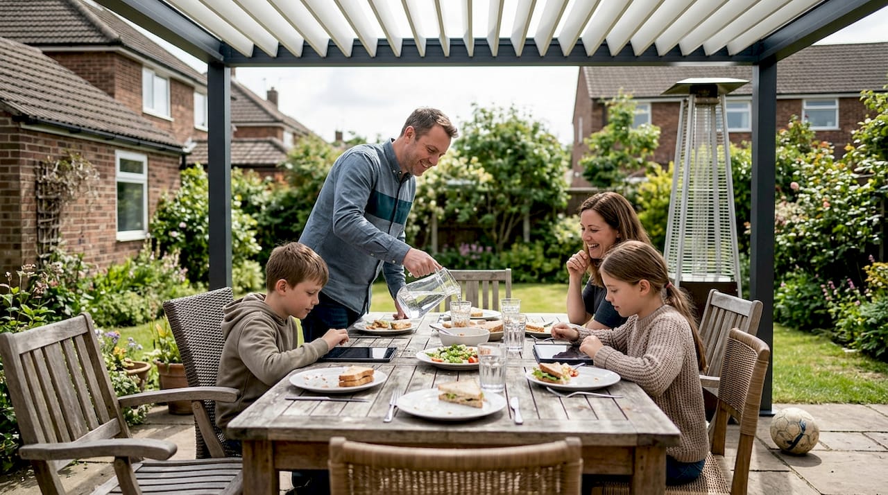 Family dining under louvred garden pergola