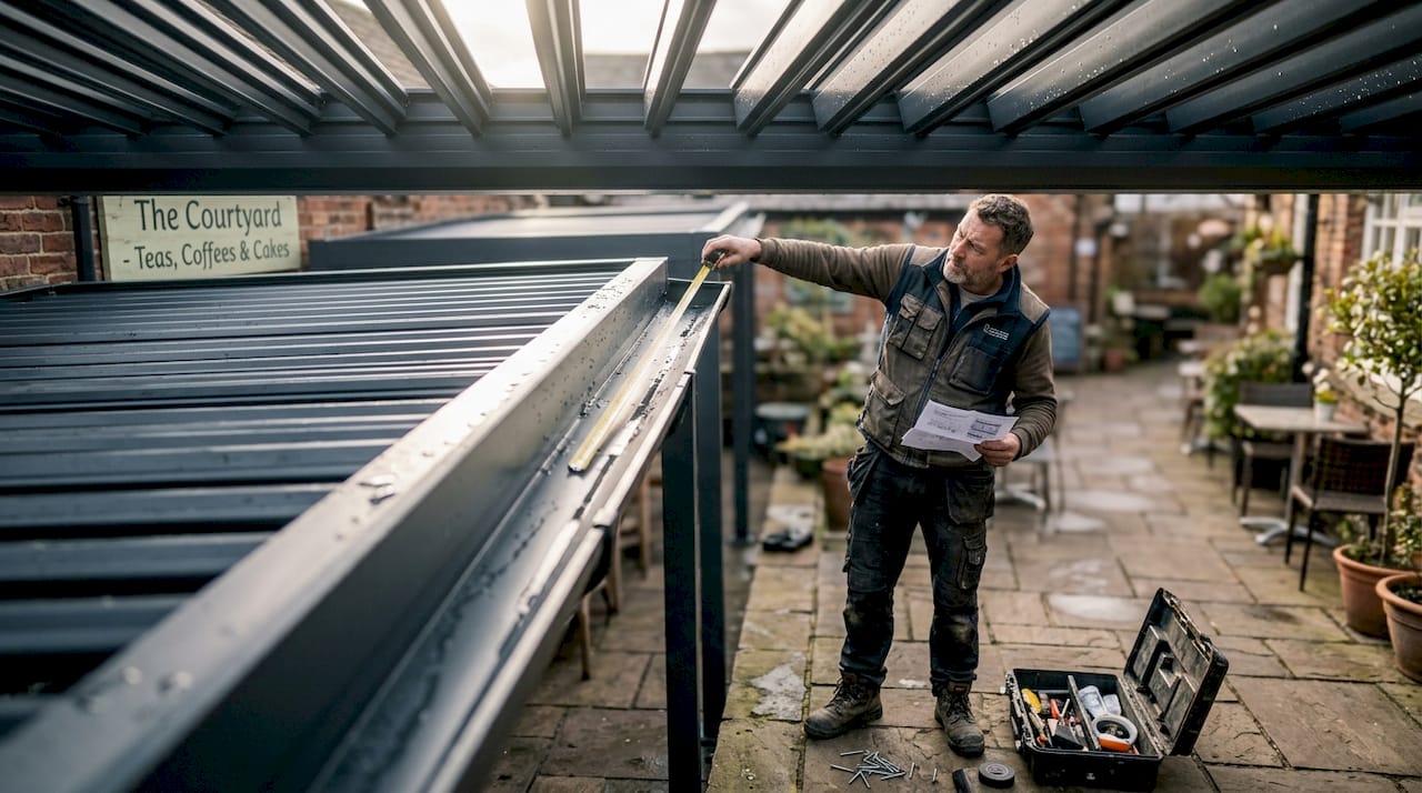 Installer adjusting louvred pergola gutter system