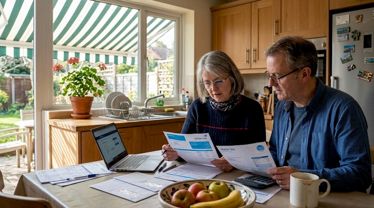 Couple reviewing bills in sun-shaded kitchen