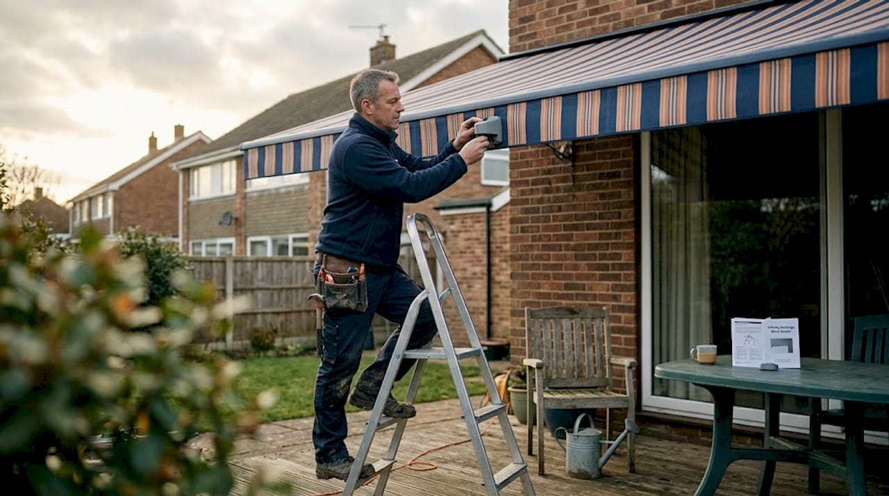 Technician installing wind sensor on house awning