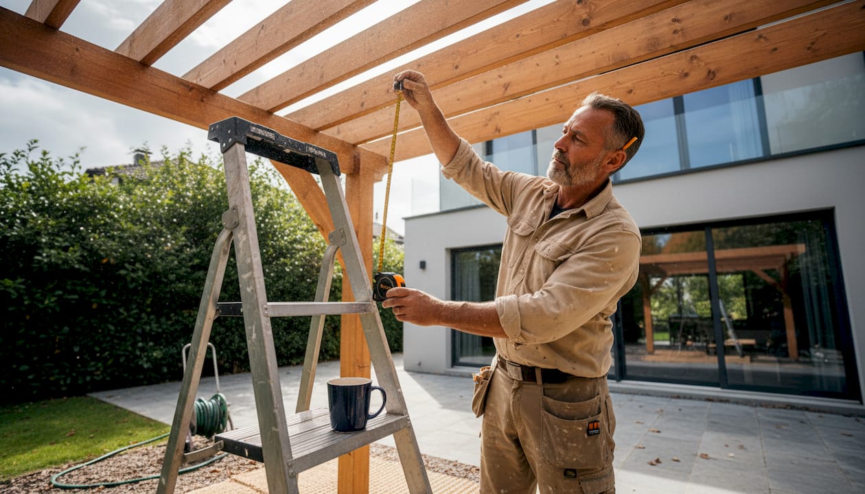 Carpenter measuring solid pergola roof edge