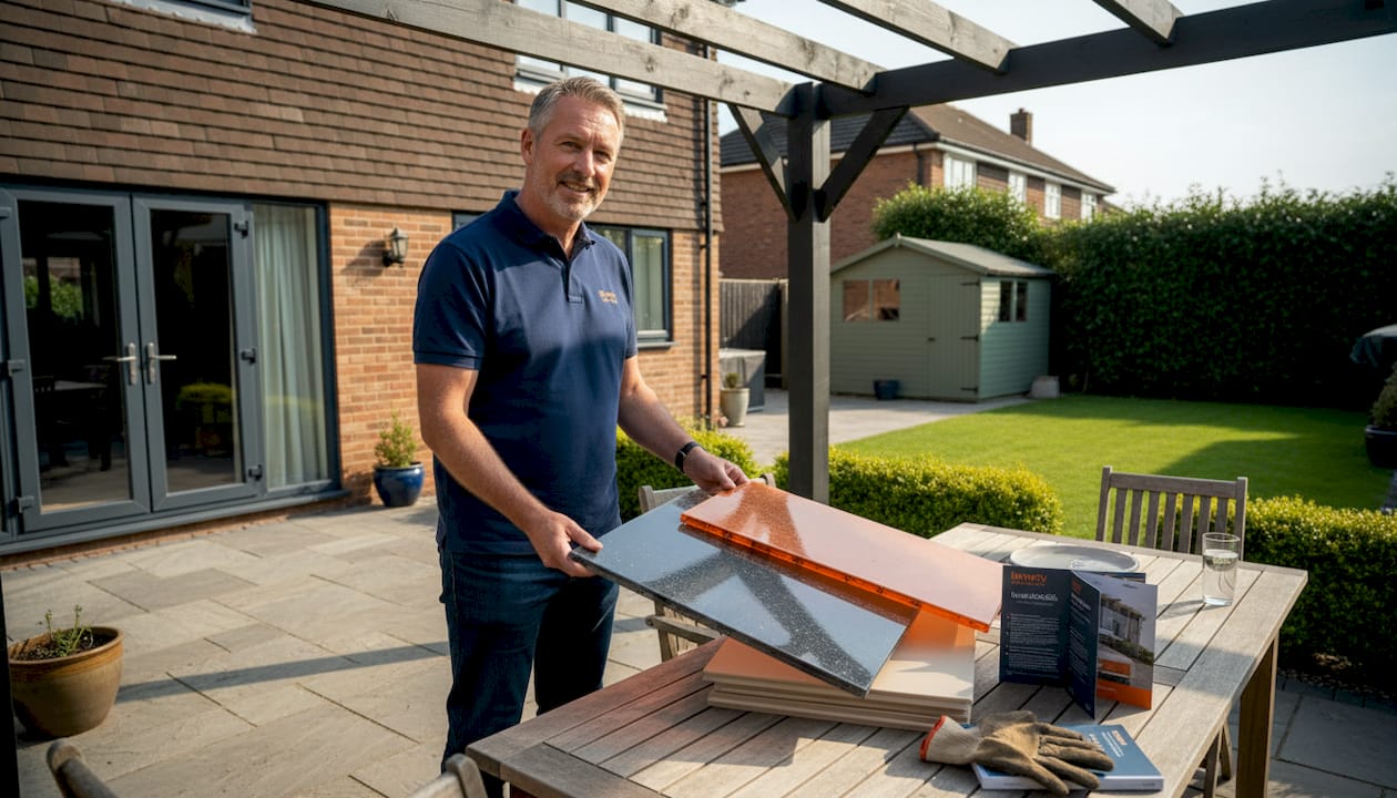 Homeowner examining pergola roof samples
