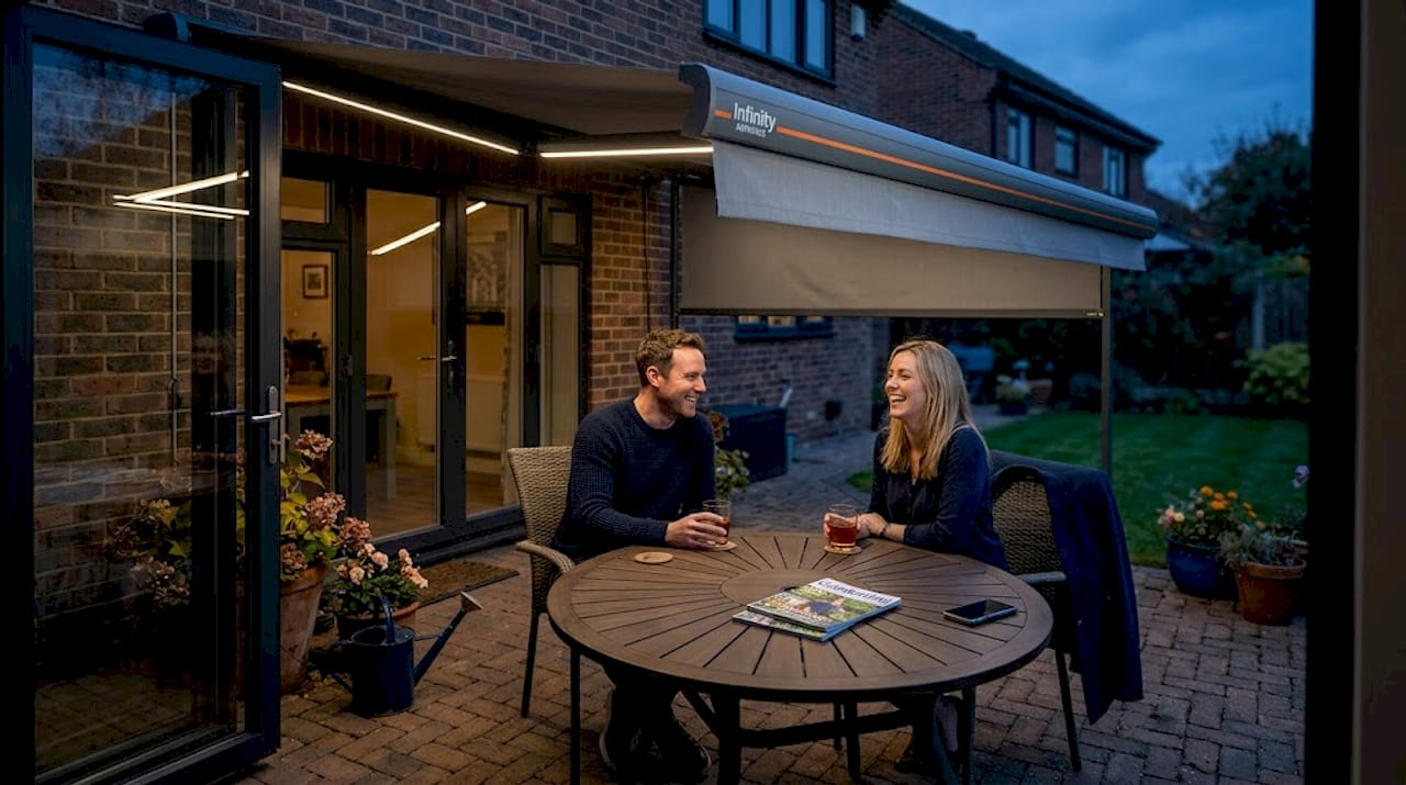 Couple relaxing under LED awning lighting