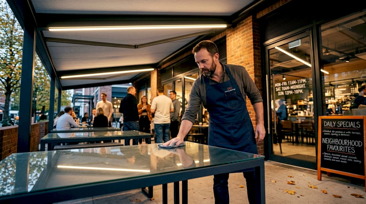 Bartender under LED-lit café awning terrace