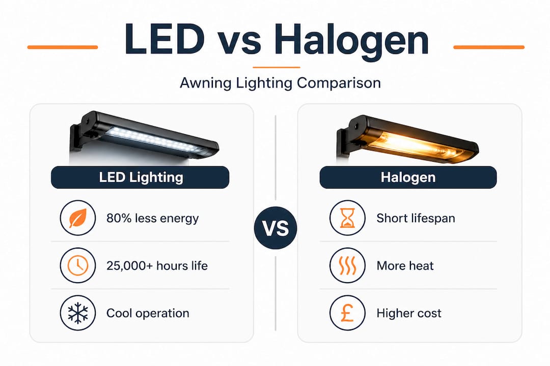 Infographic compares LED and halogen lighting stats