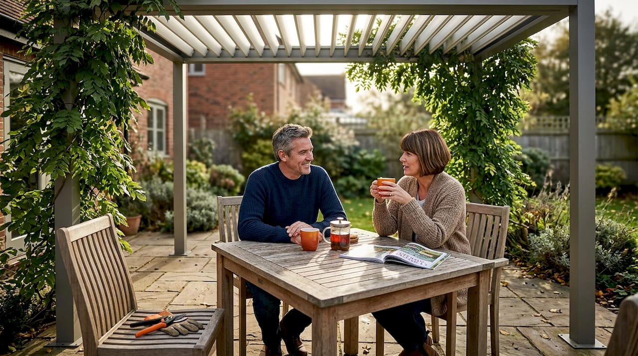 Couple enjoying garden pergola afternoon