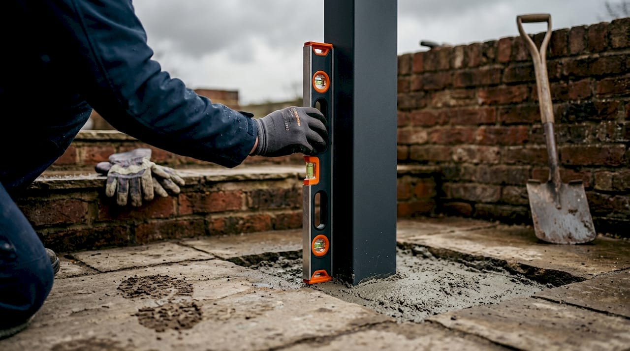 Veranda post checked for level during installation