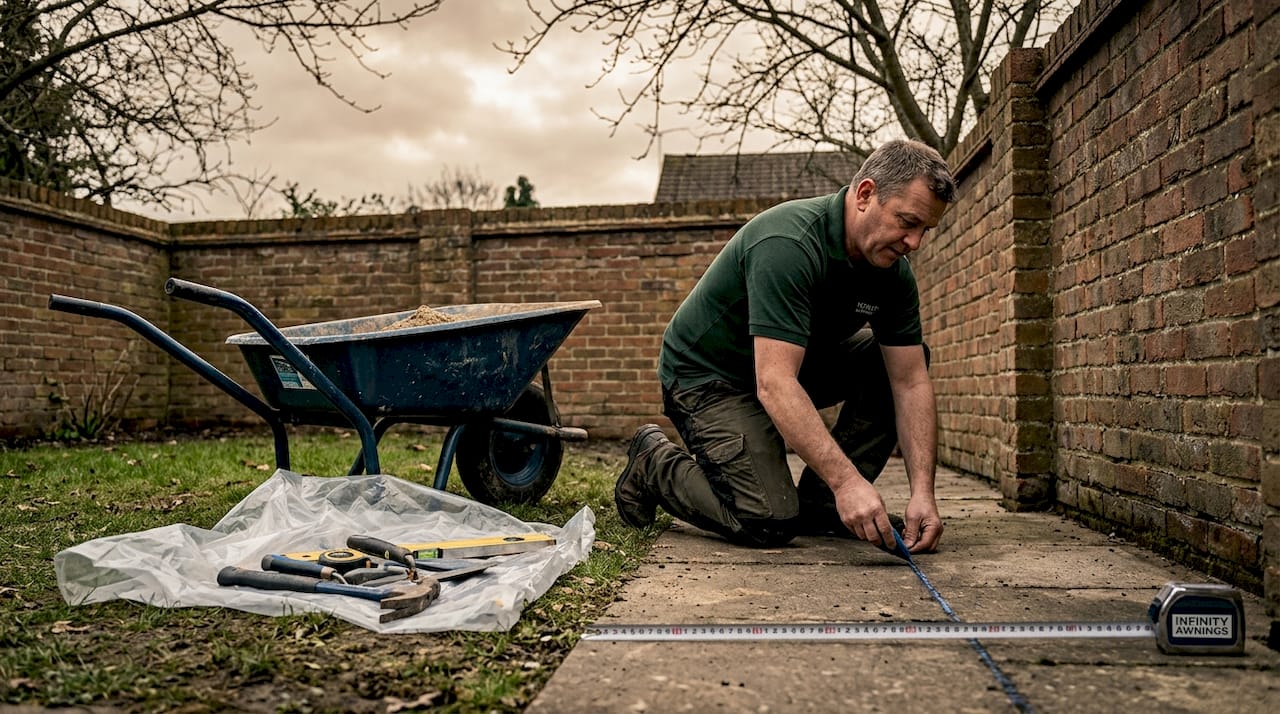 Man marking ground for veranda in UK garden