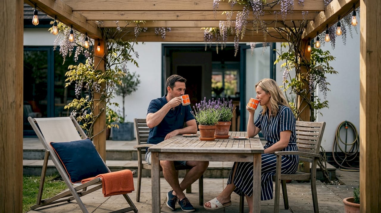 Modern pergola with people relaxing outdoors