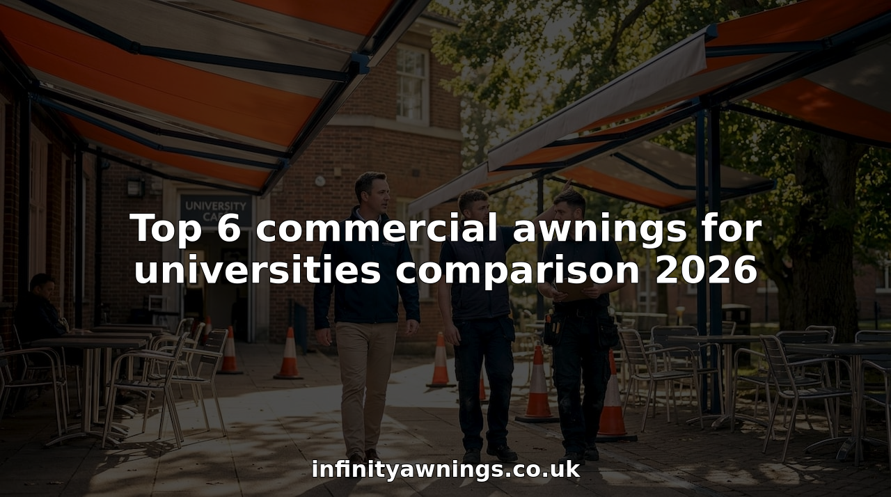 Campus workers inspecting new commercial awnings