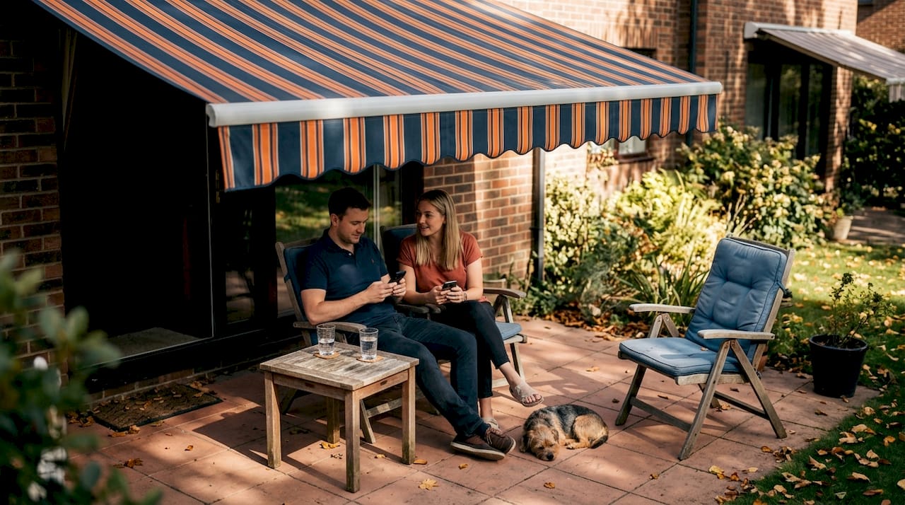 Couple relaxing under striped awning