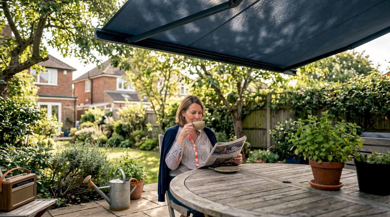 Woman reading under garden awning