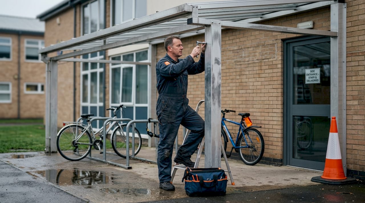 Worker maintaining aluminium-framed school awning