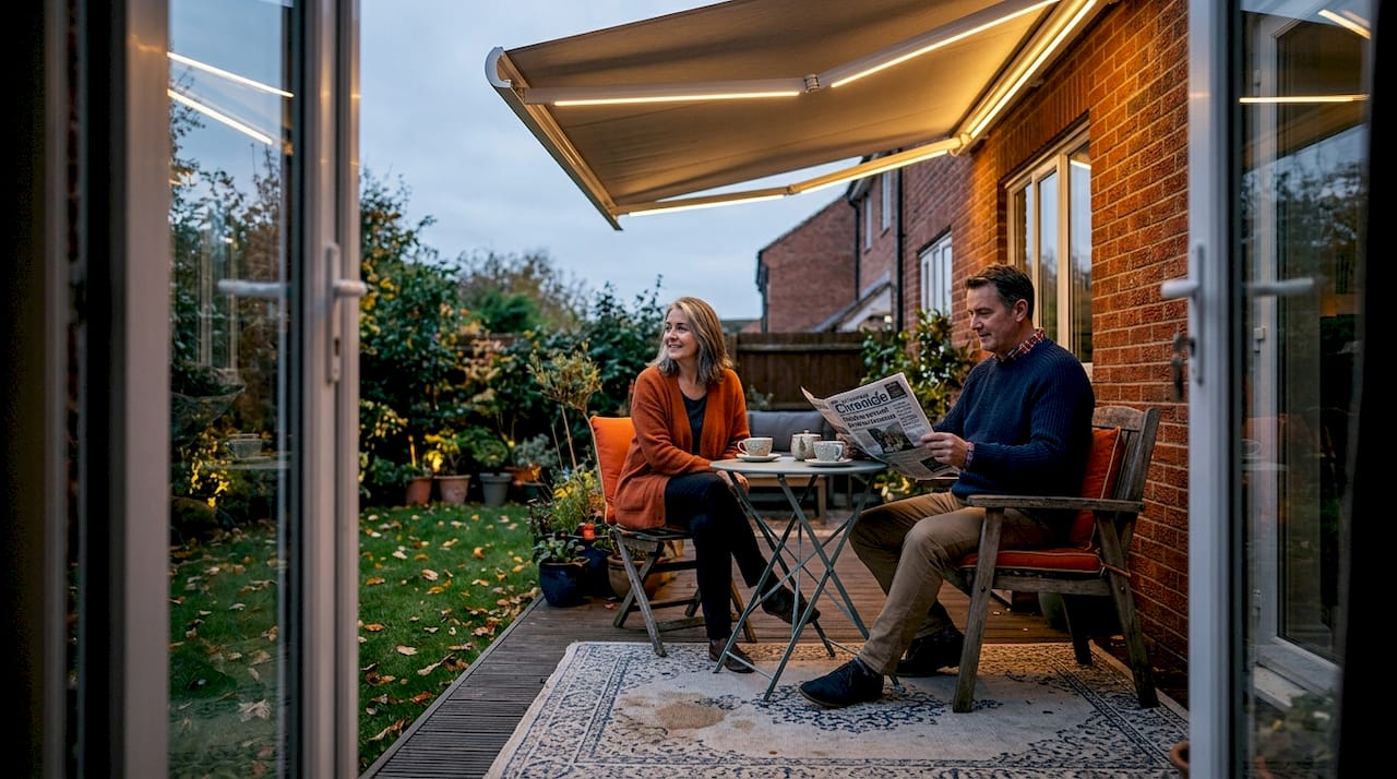 Evening LED awning over patio with couple