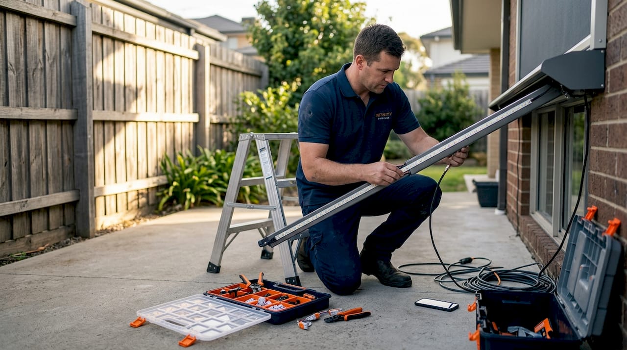 Awning installer checking LED lighting setup