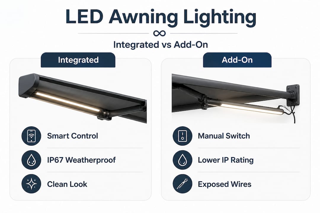 Infographic comparing integrated and add-on awning lighting