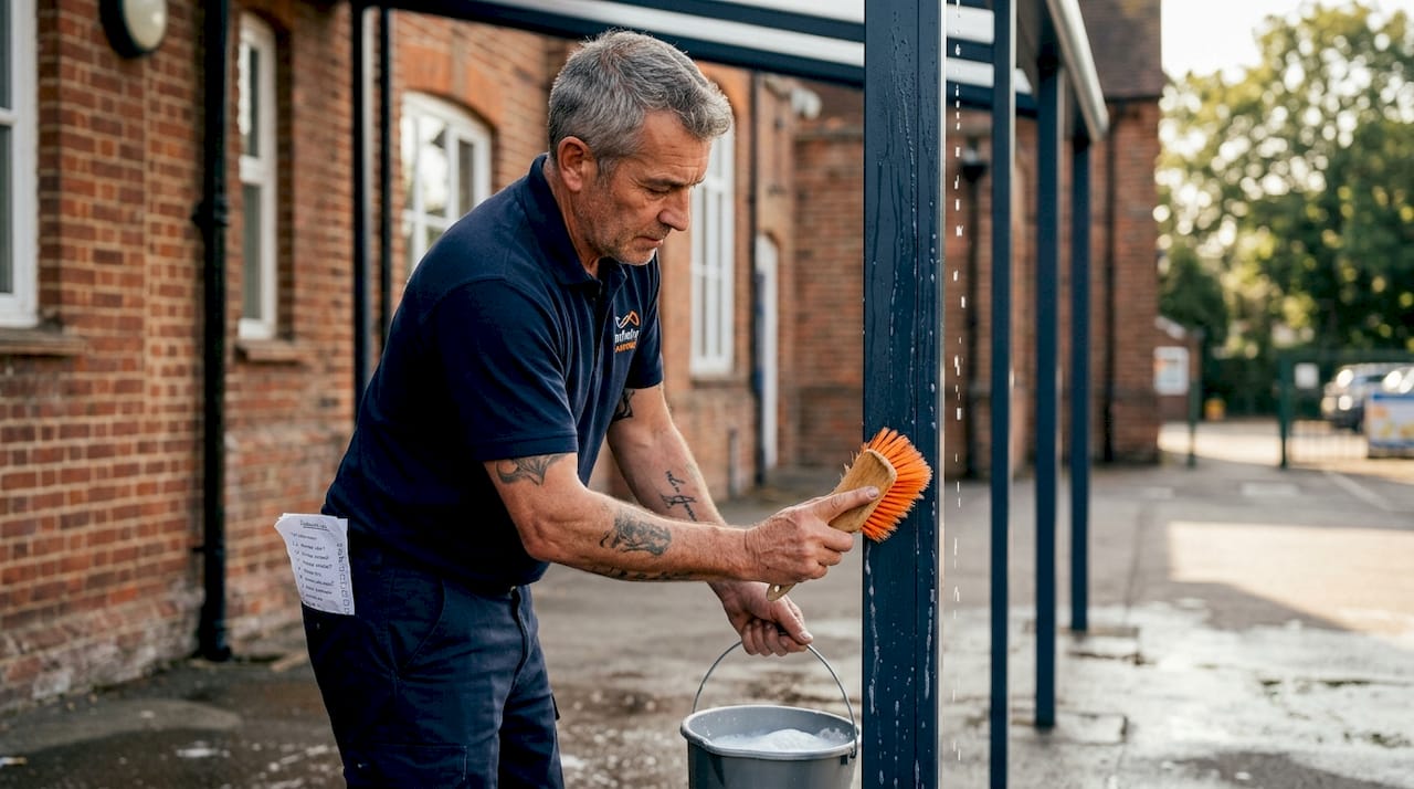 Worker cleaning aluminium school awning frame
