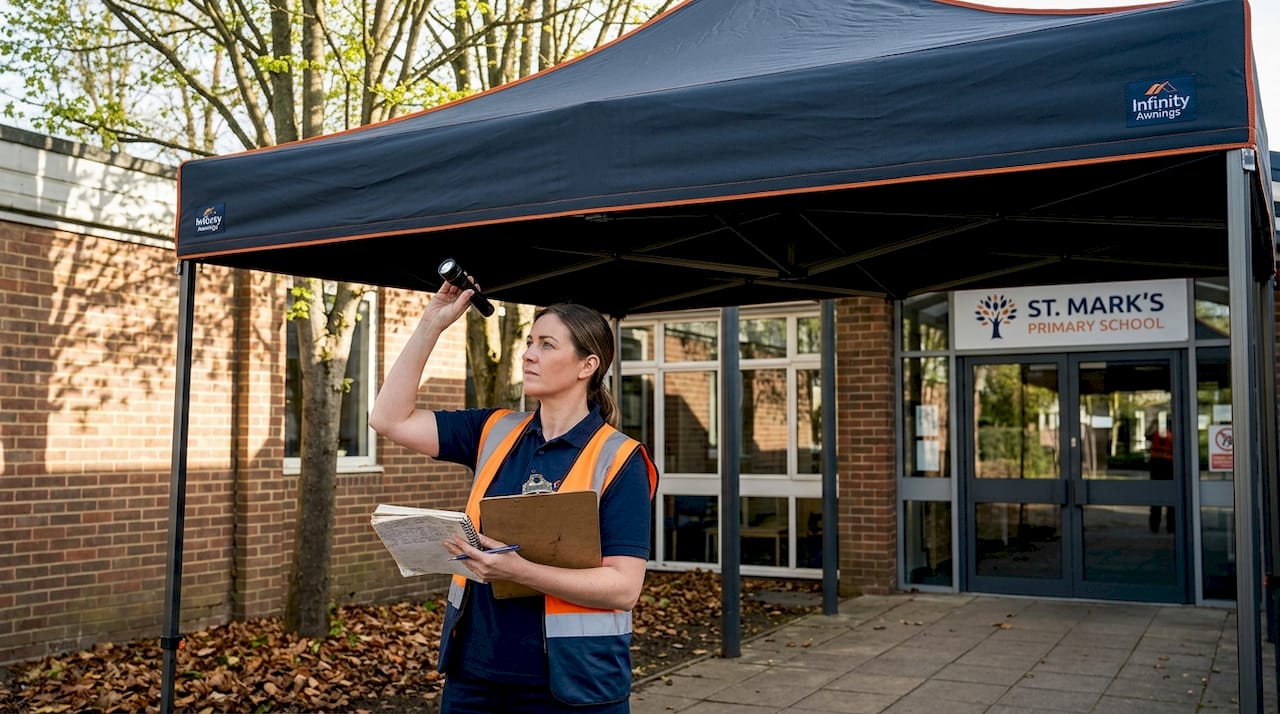 Facilities manager inspects school entrance awning