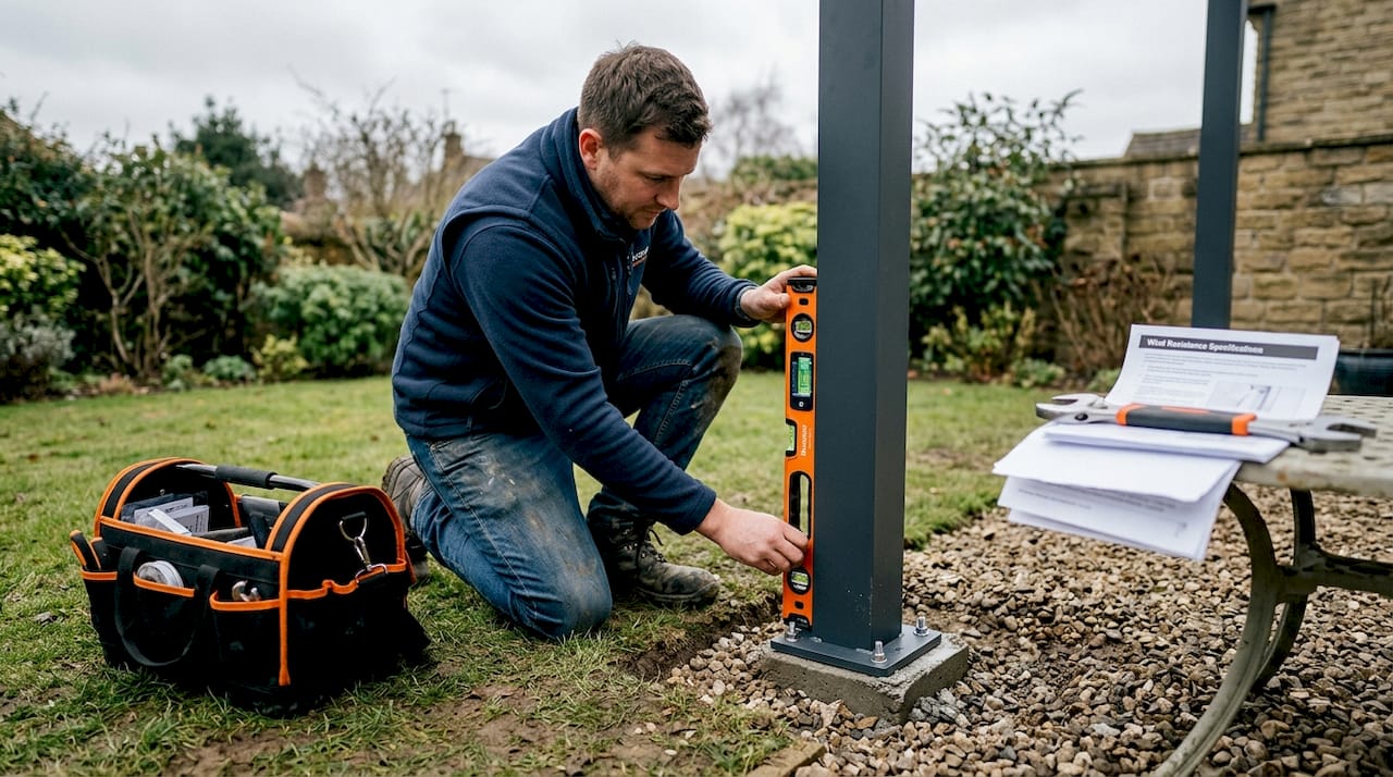 Contractor inspects pergola base for safety