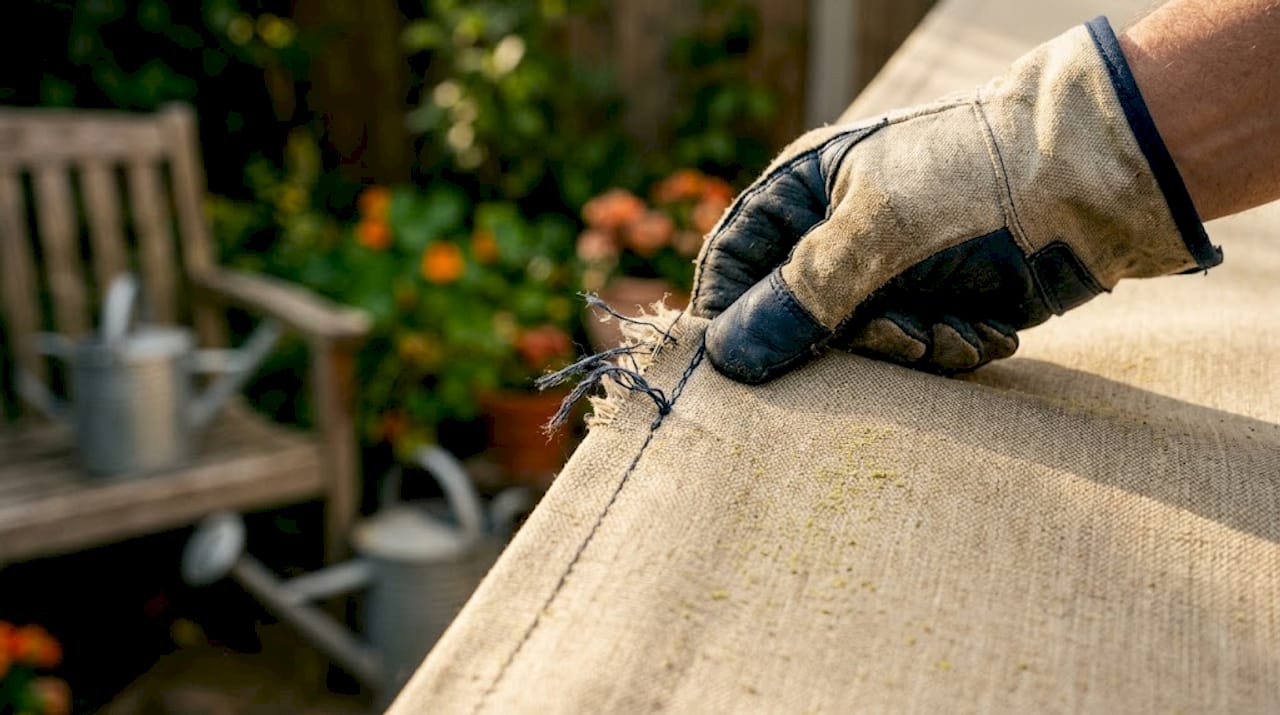 Hand checks outdoor awning fabric seam