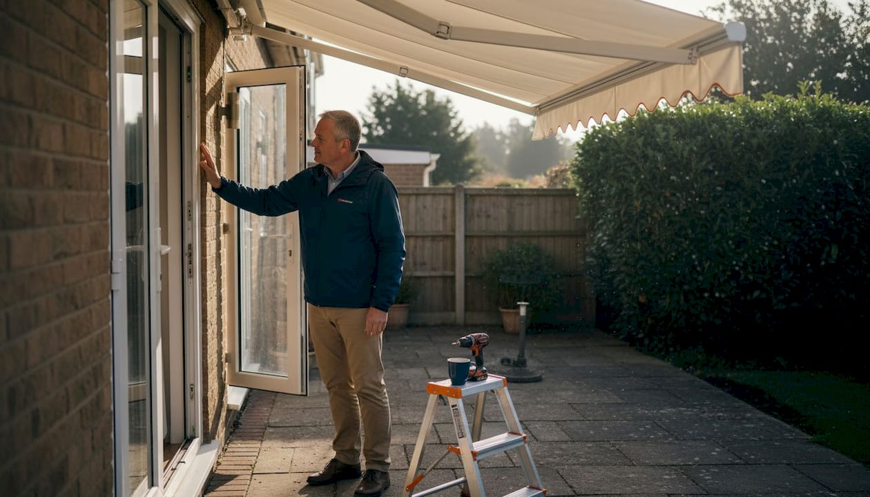 Homeowner inspecting patio awning frame joints