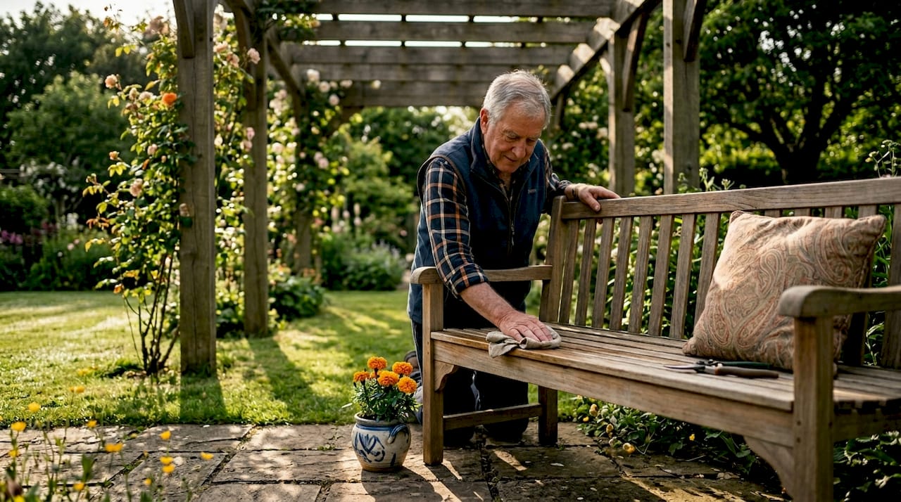 Elderly man maintaining shaded garden bench