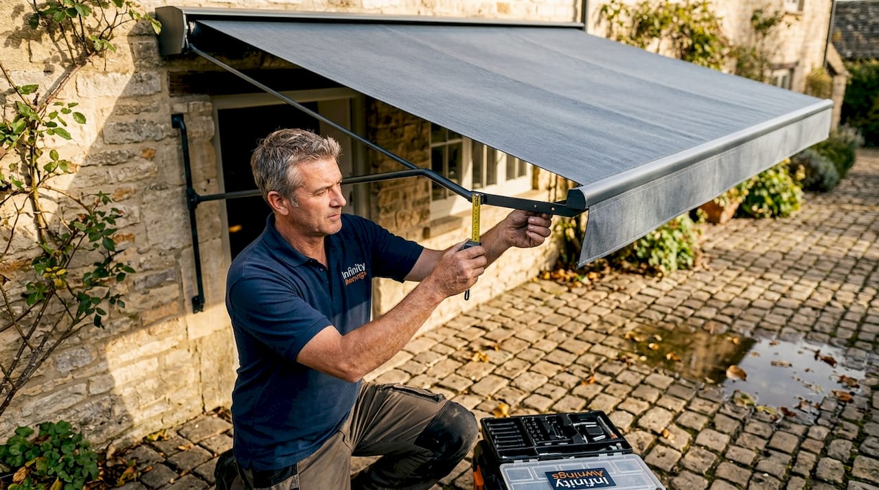 Fitter inspecting awning brackets on UK patio