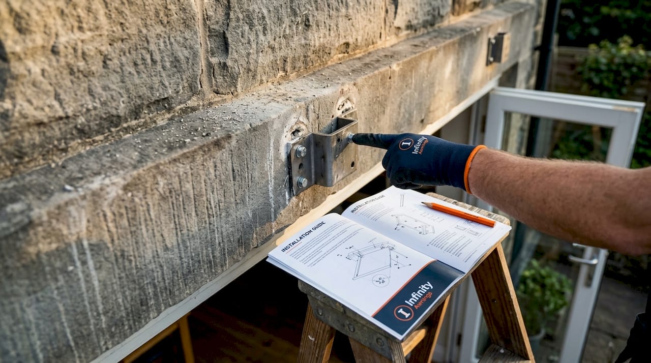 Closeup of awning anchor fixings and brackets