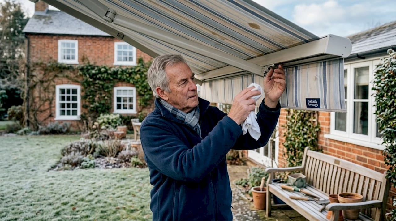 Retiree preparing awning for winter storage