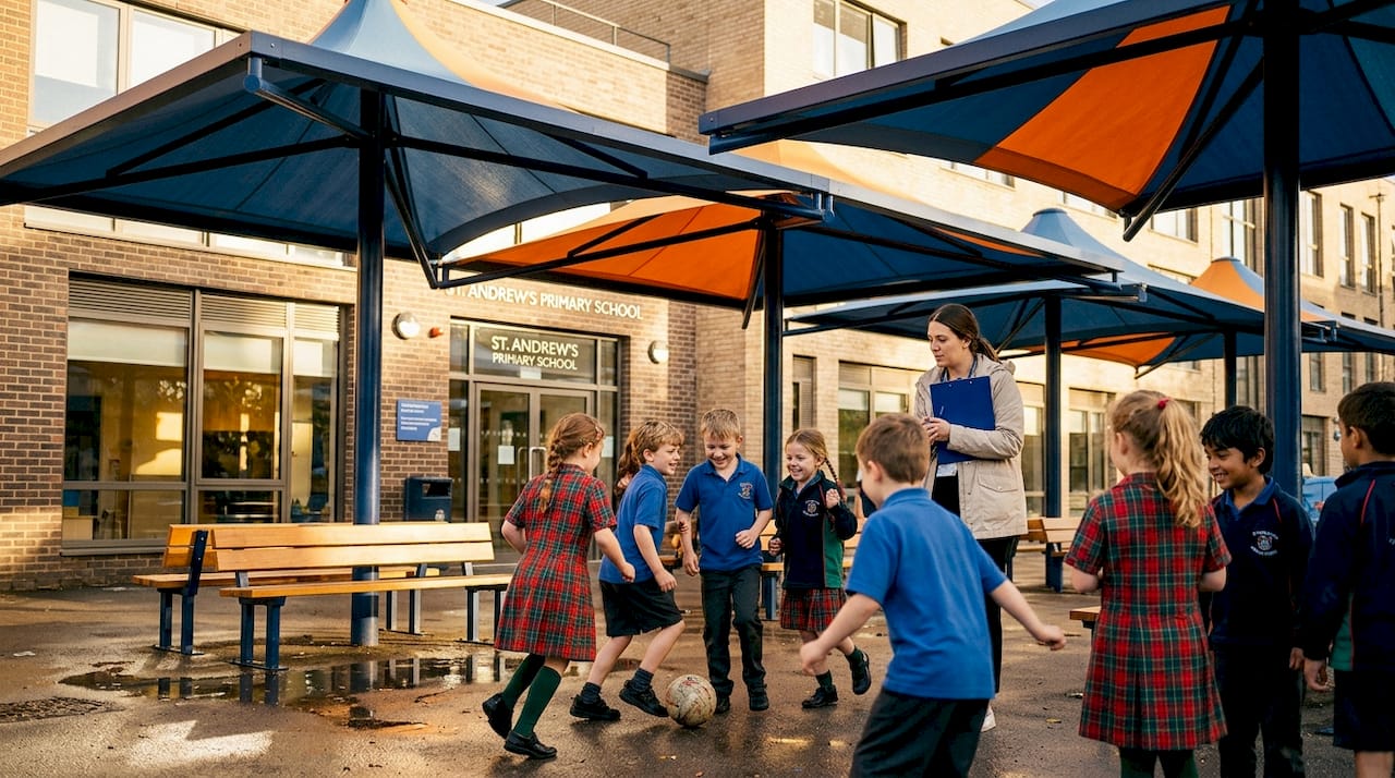 Children under school awnings during recess