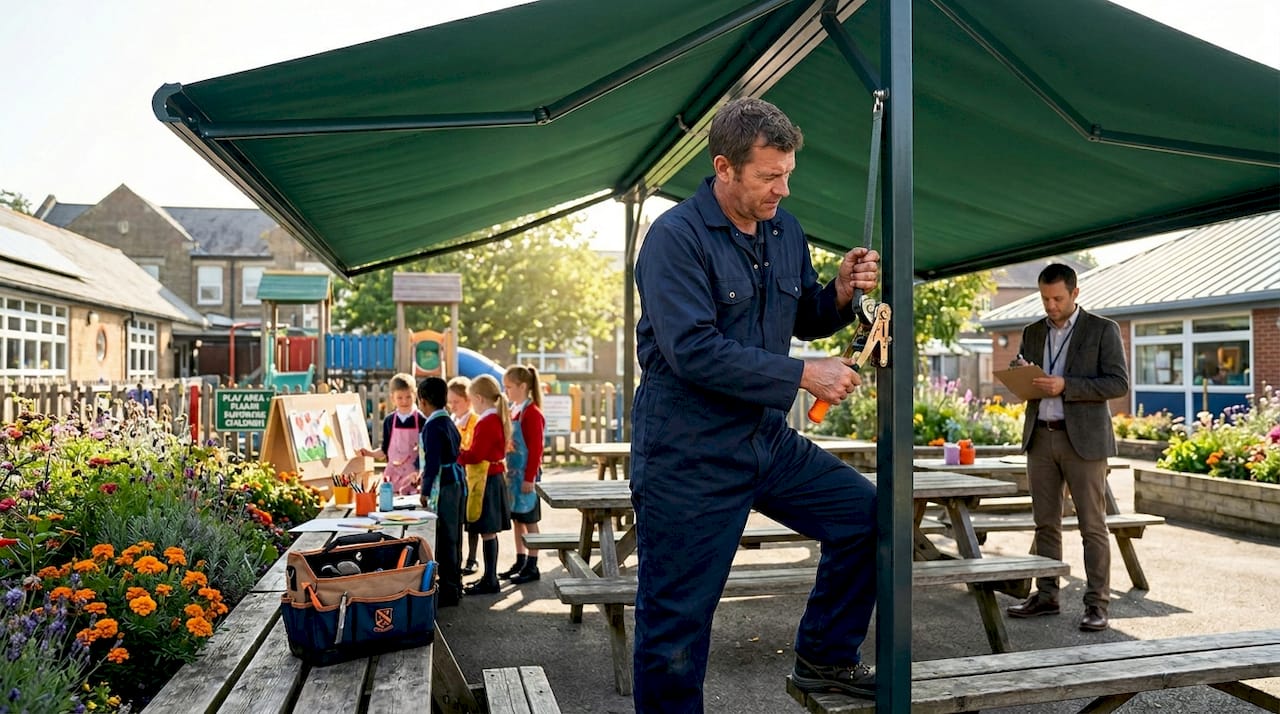 Groundskeeper inspects school awning for safety