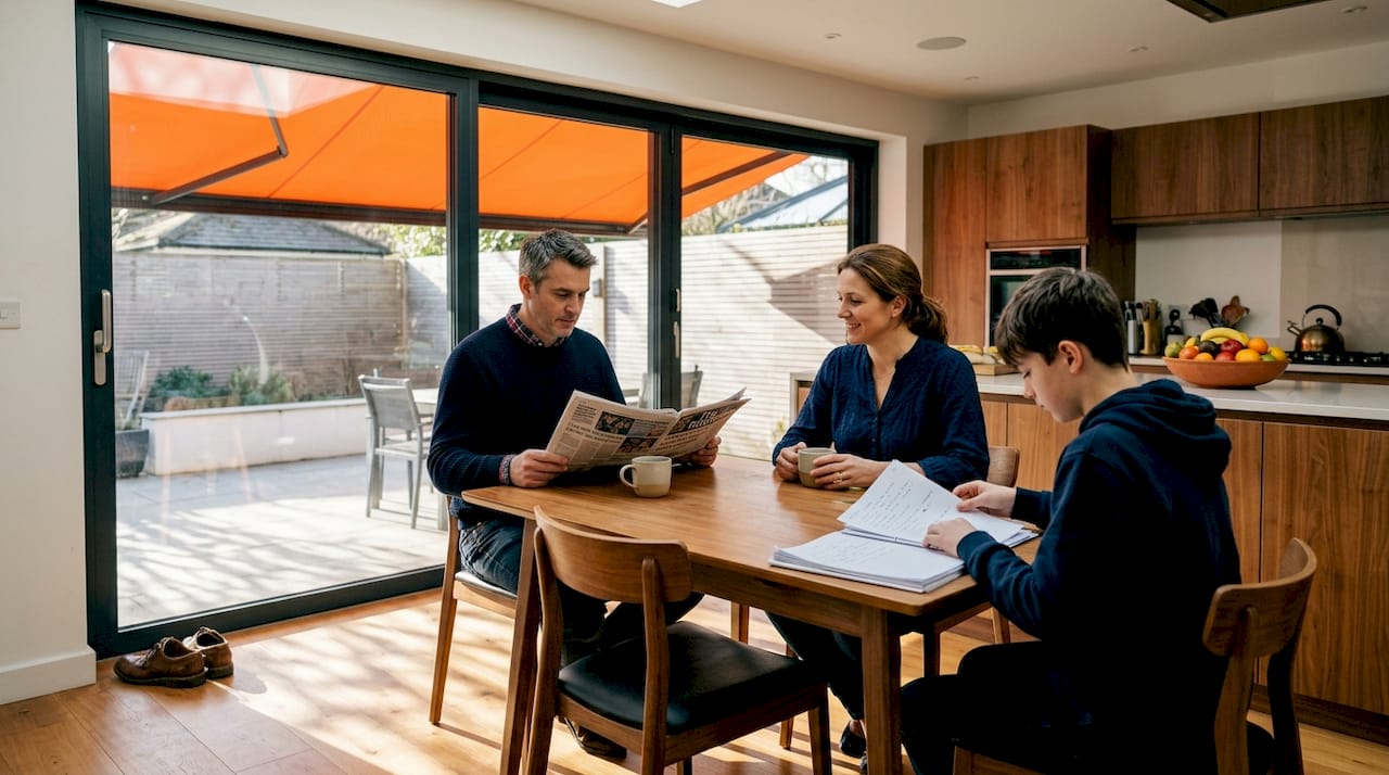 Family enjoying shaded indoor-outdoor comfort