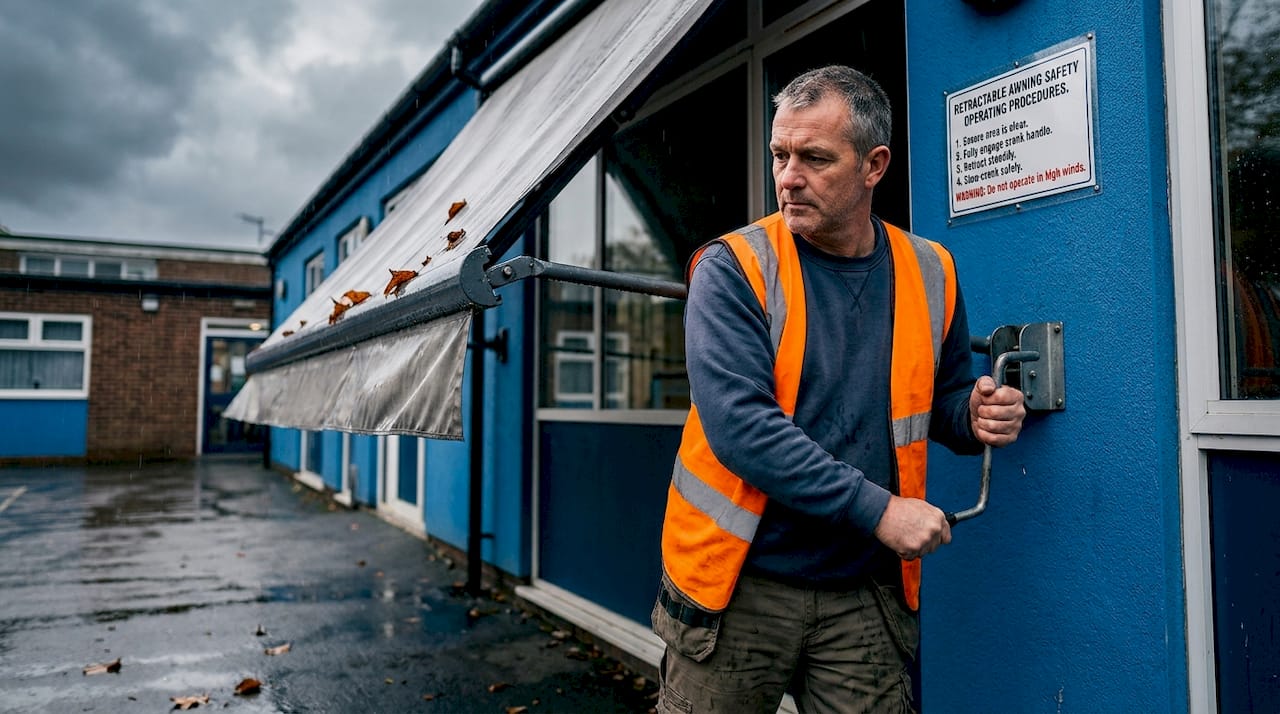 Caretaker retracts awning for wind safety