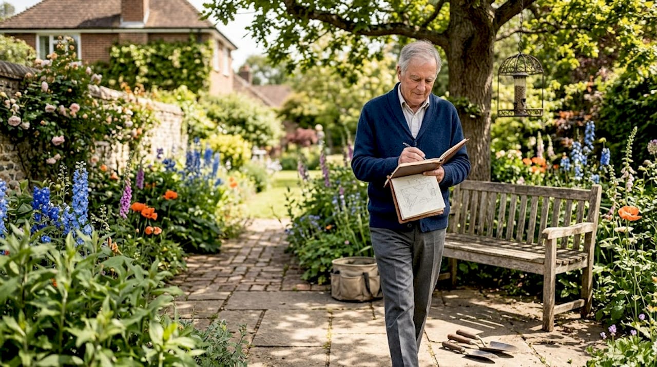 Man surveying garden with notebook in hand