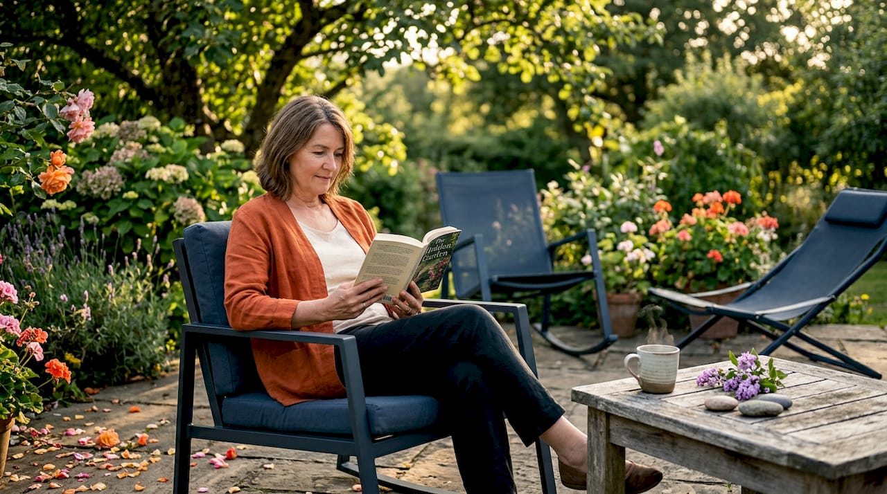 Woman relaxing in durable garden furniture