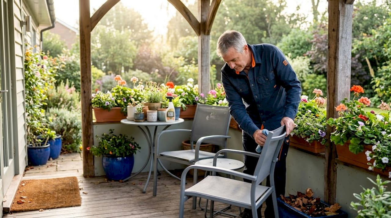Man cleaning outdoor chair on veranda