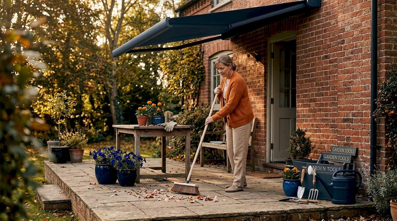 Woman sweeping veranda floor on sunny morning