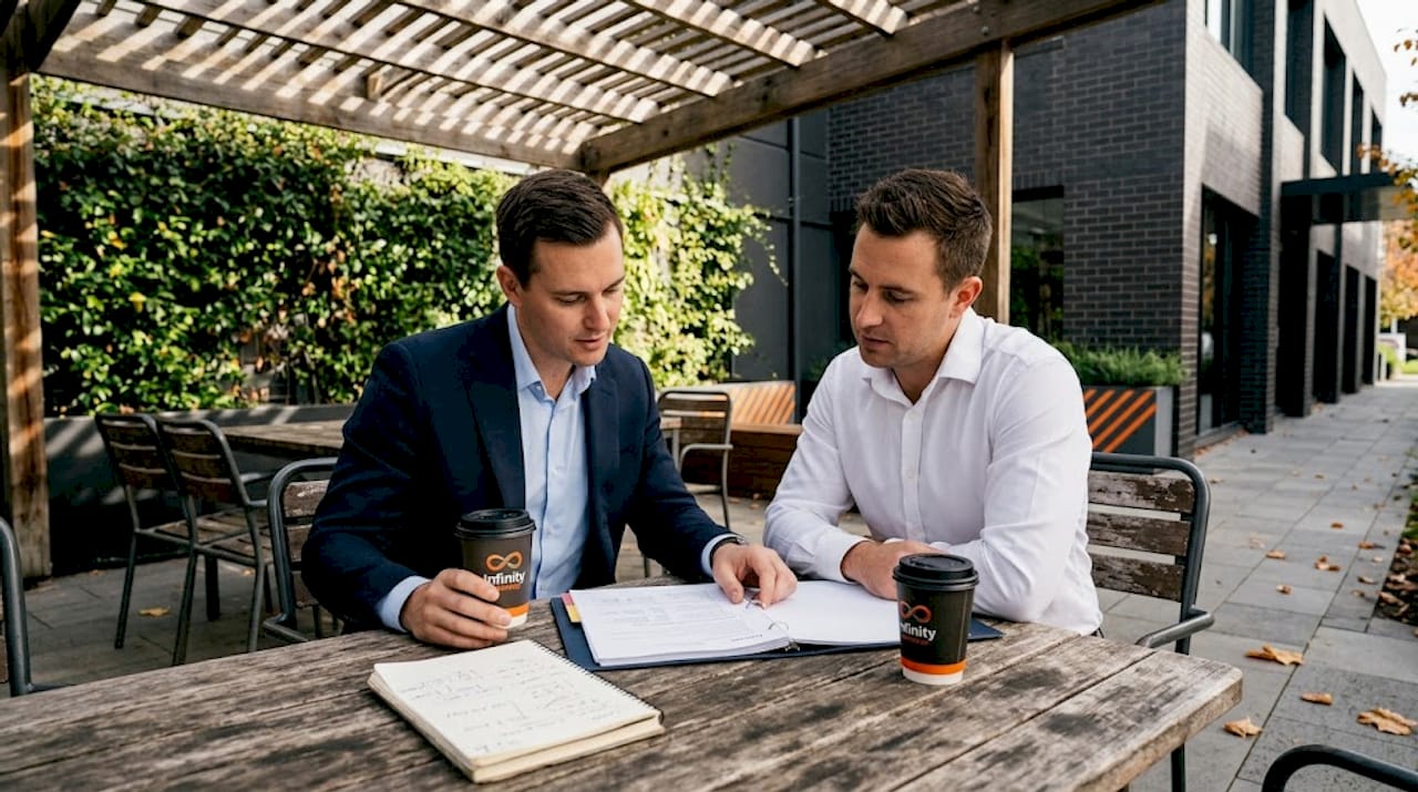 Colleagues meeting under business pergola
