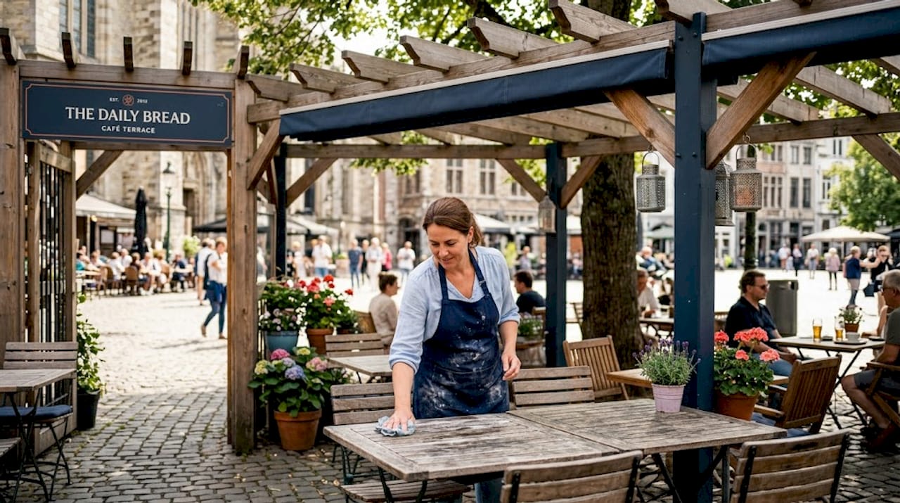 Café owner under pergola cleaning outdoor table