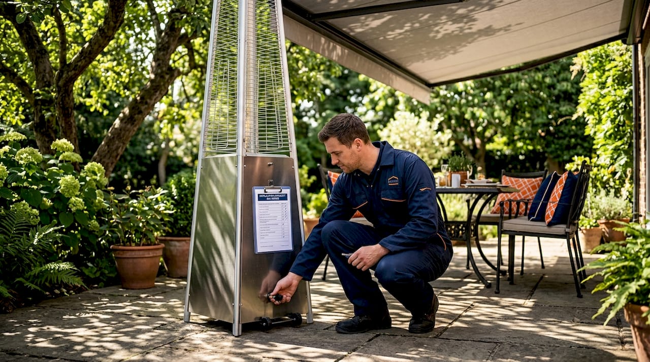 Worker adjusts gas heater beneath awning
