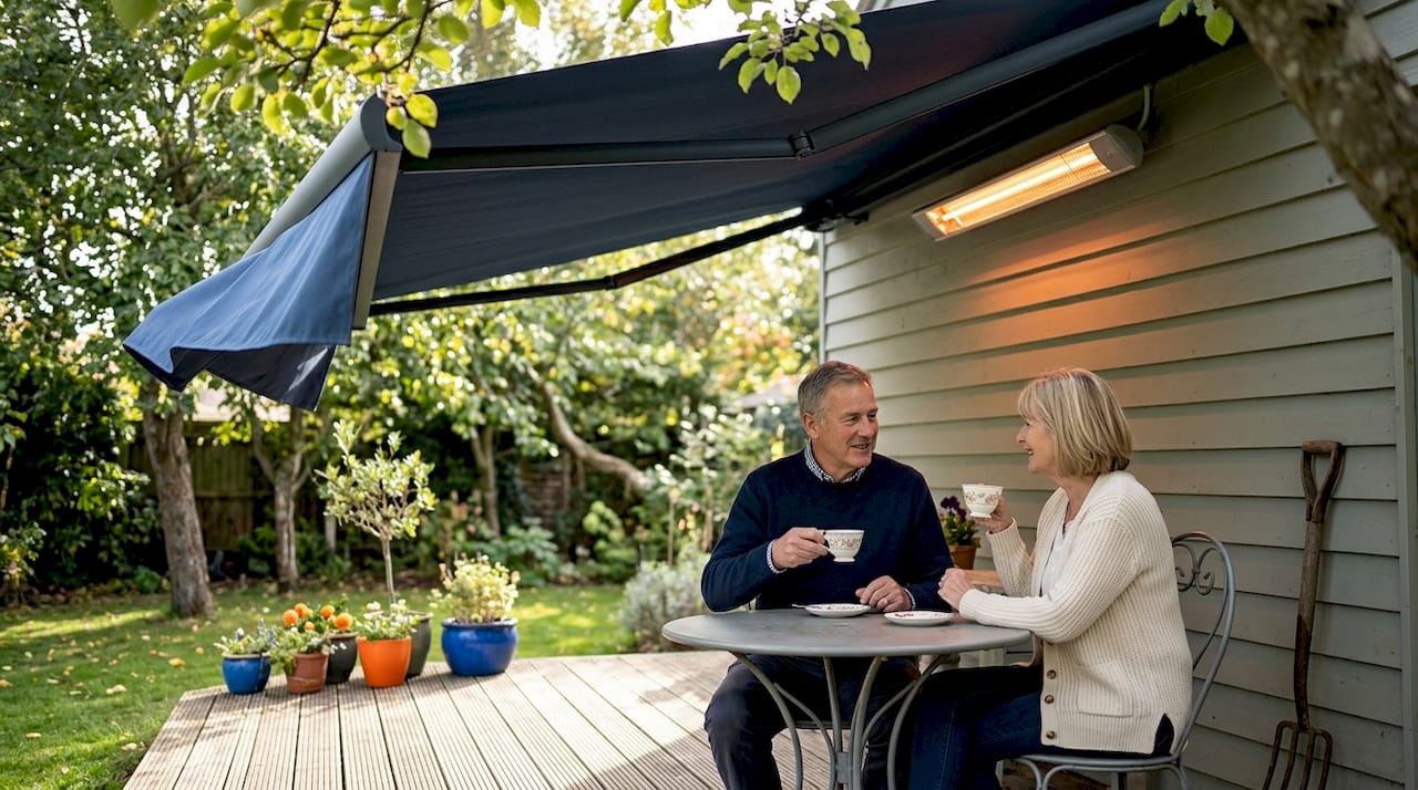 Couple under patio awning with heater