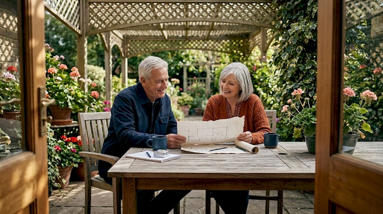 Couple reviewing veranda plans on table