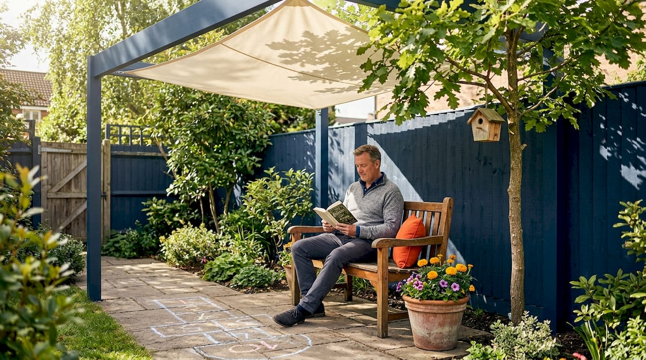 Man relaxing under pergola in shaded backyard