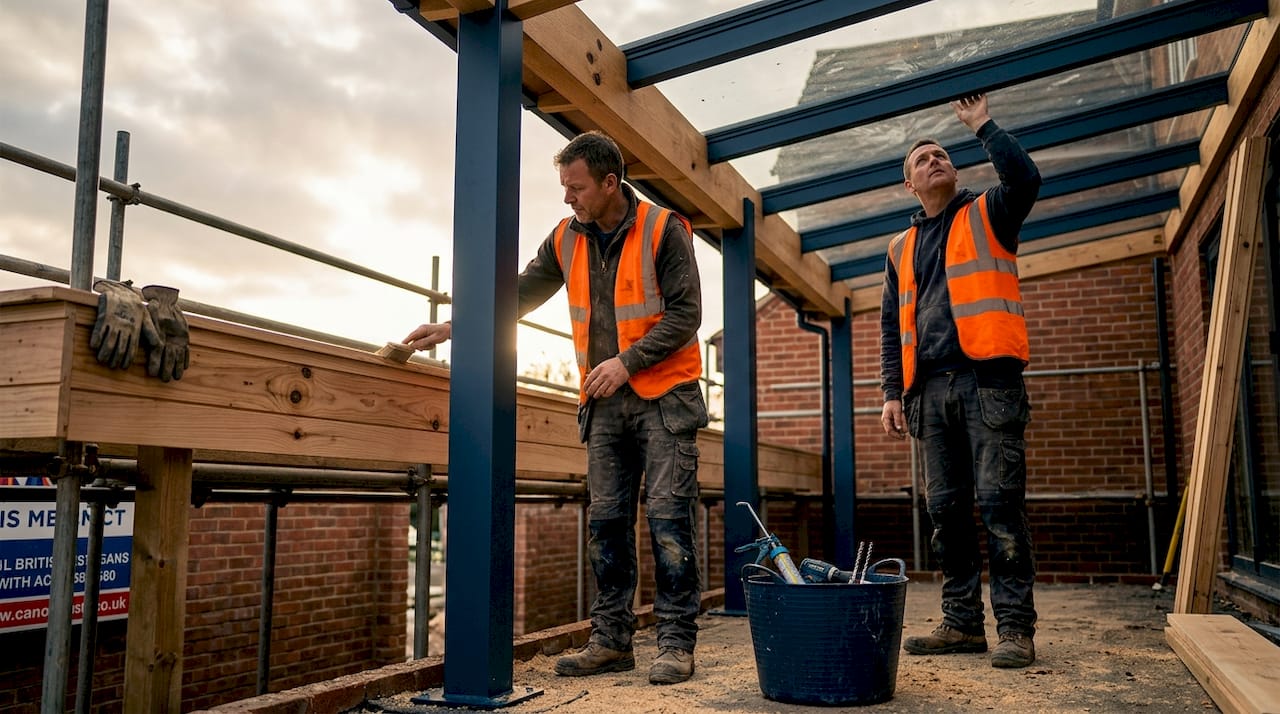Builders checking veranda materials quality