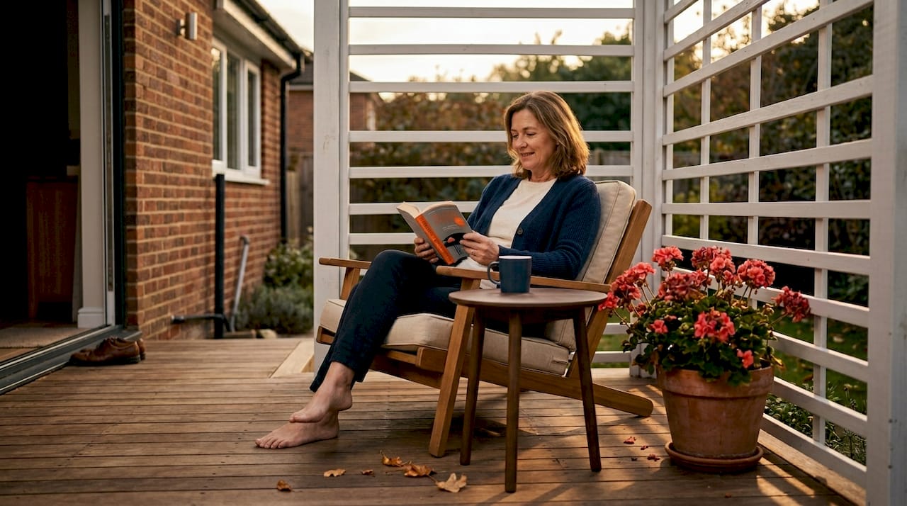 Woman reading on sunlit home veranda